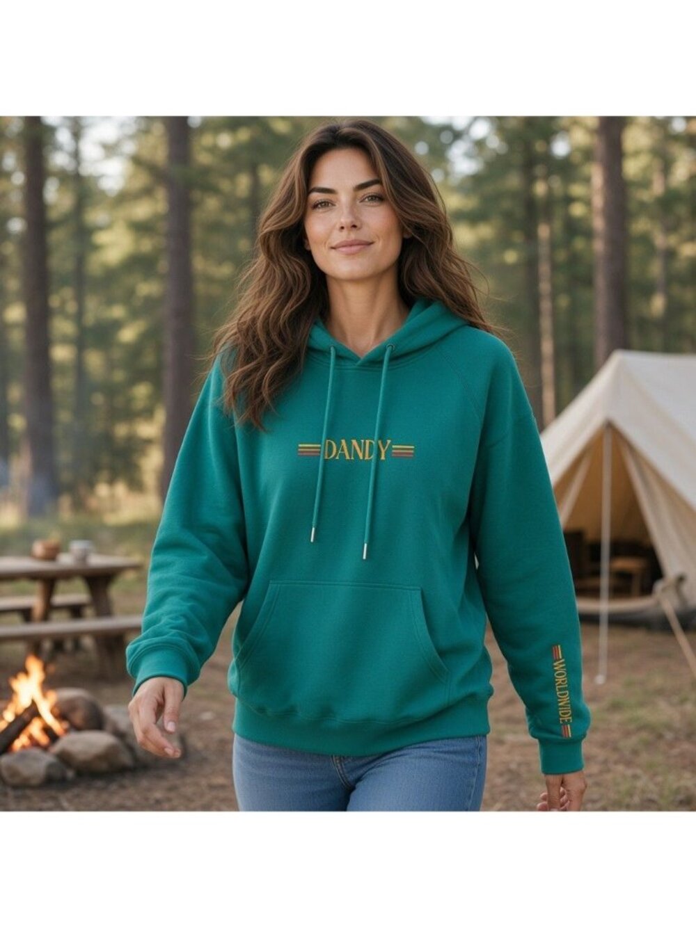 Dandy Worldwide Car Camping Hoodie L Green Embroidered Graphic Pullover